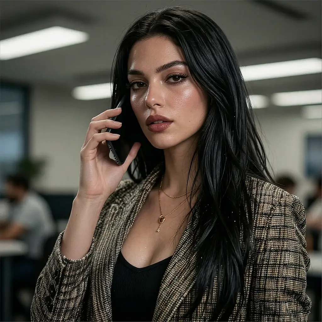 Long black-haired woman in tweed blazer talking on phone, gold pendant necklace, office behind