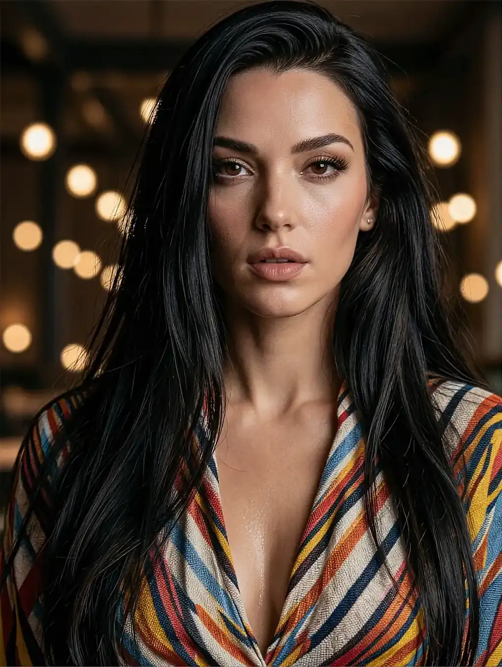Straight black-haired woman in colorful striped wrap top, warm bokeh lights behind