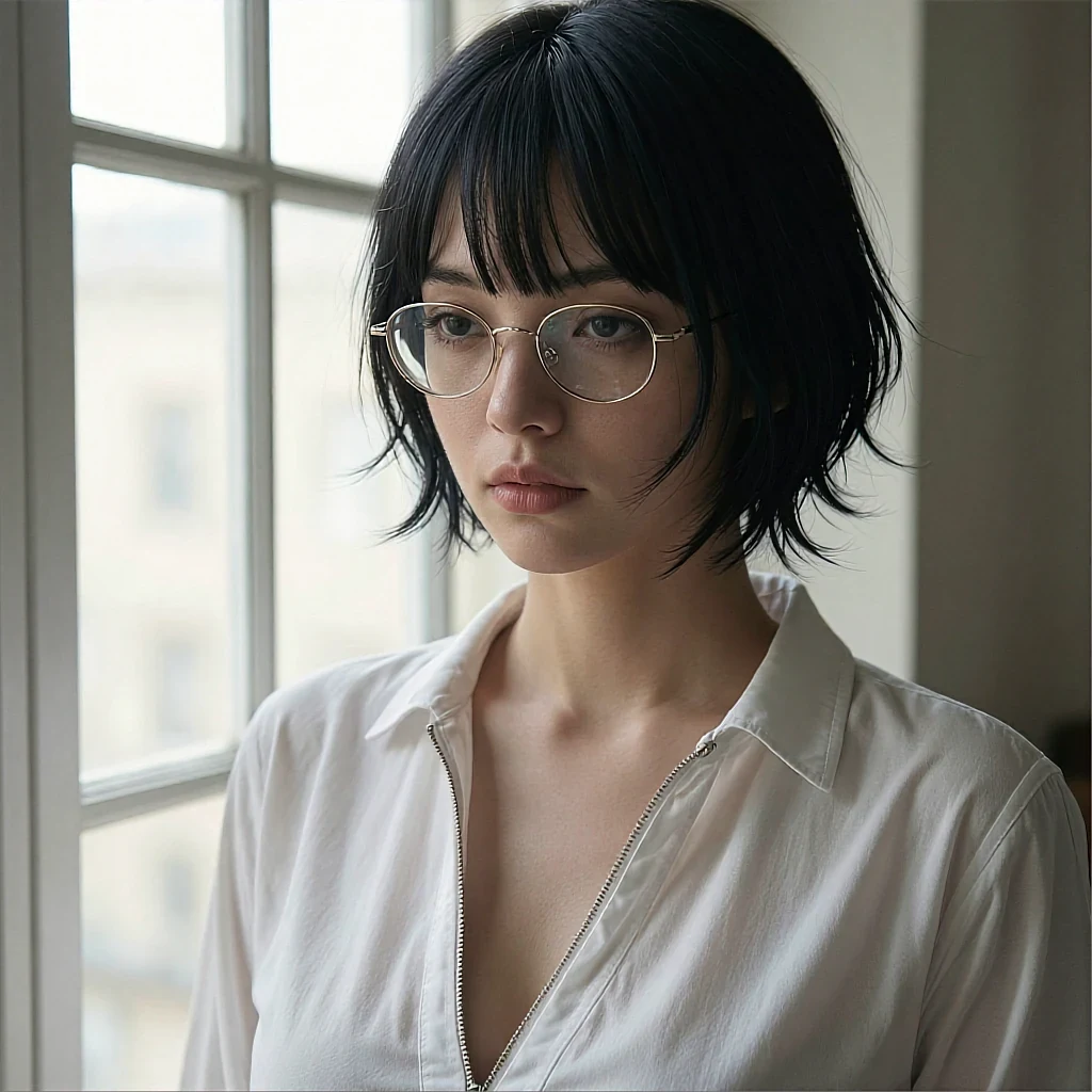 Short black bob with bangs, gold wire-frame glasses, white open-collar shirt by window