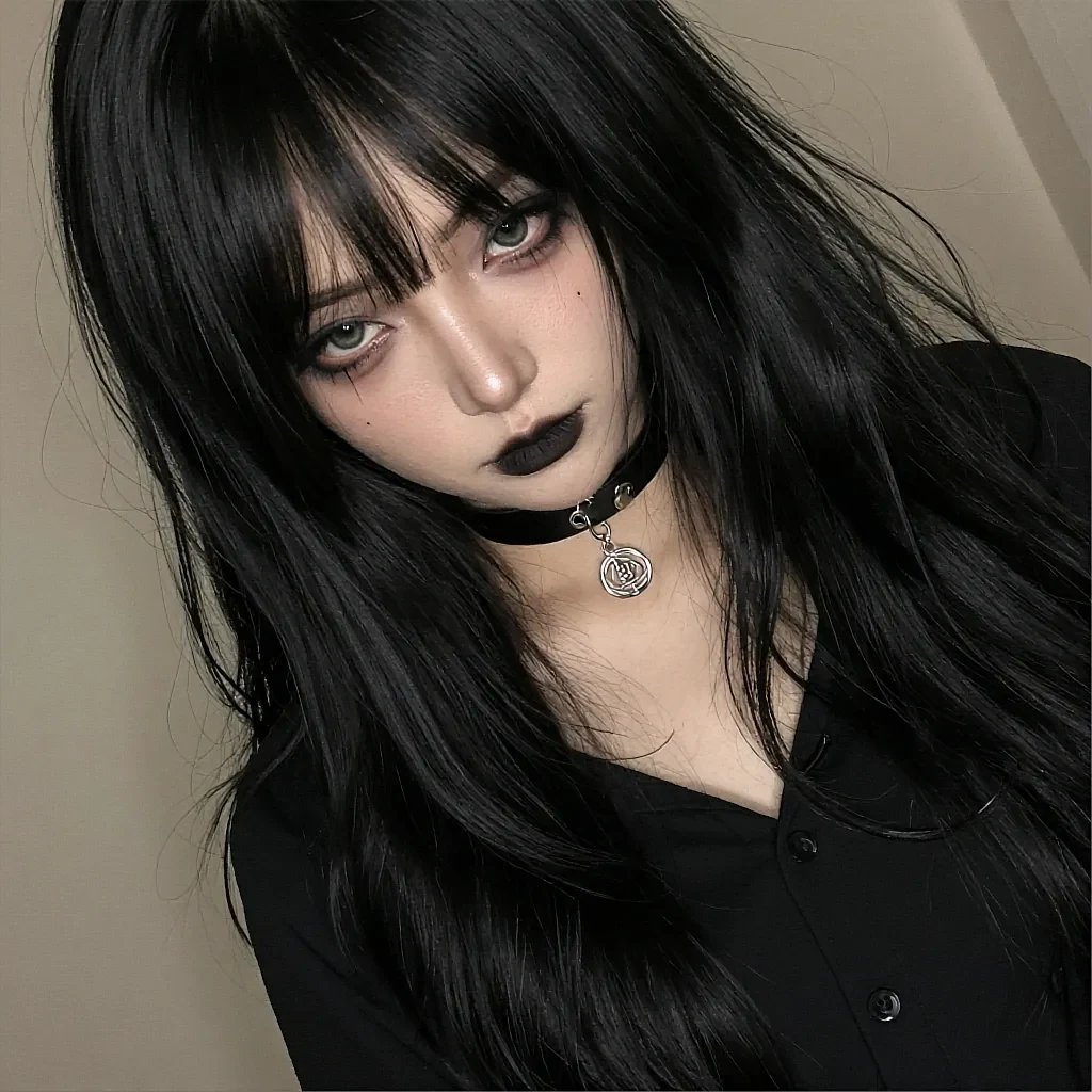 Black-haired woman with bangs, dark lipstick, leather choker with pendant, gothic style