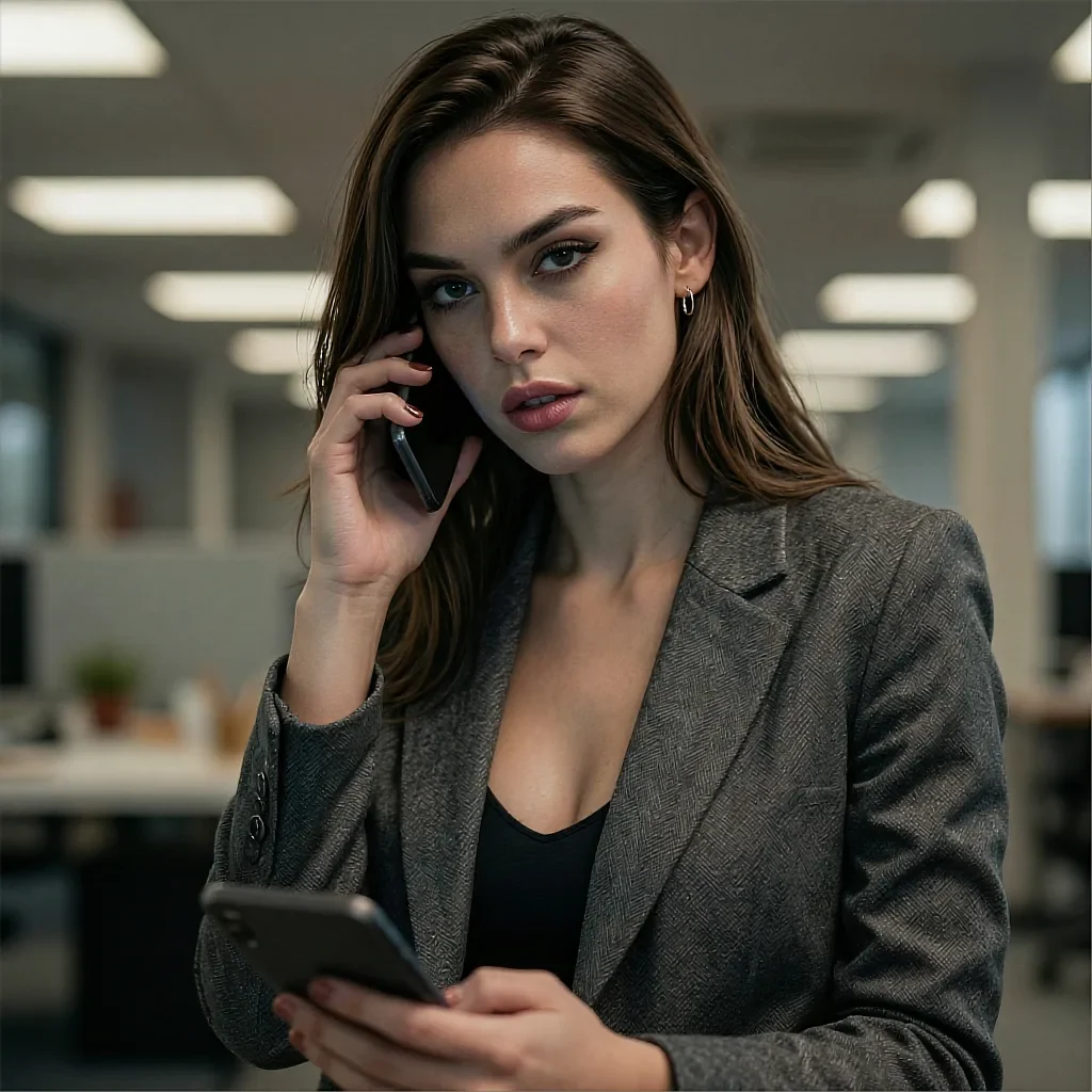 Brown-haired woman in grey herringbone blazer on phone call, second phone in hand, office