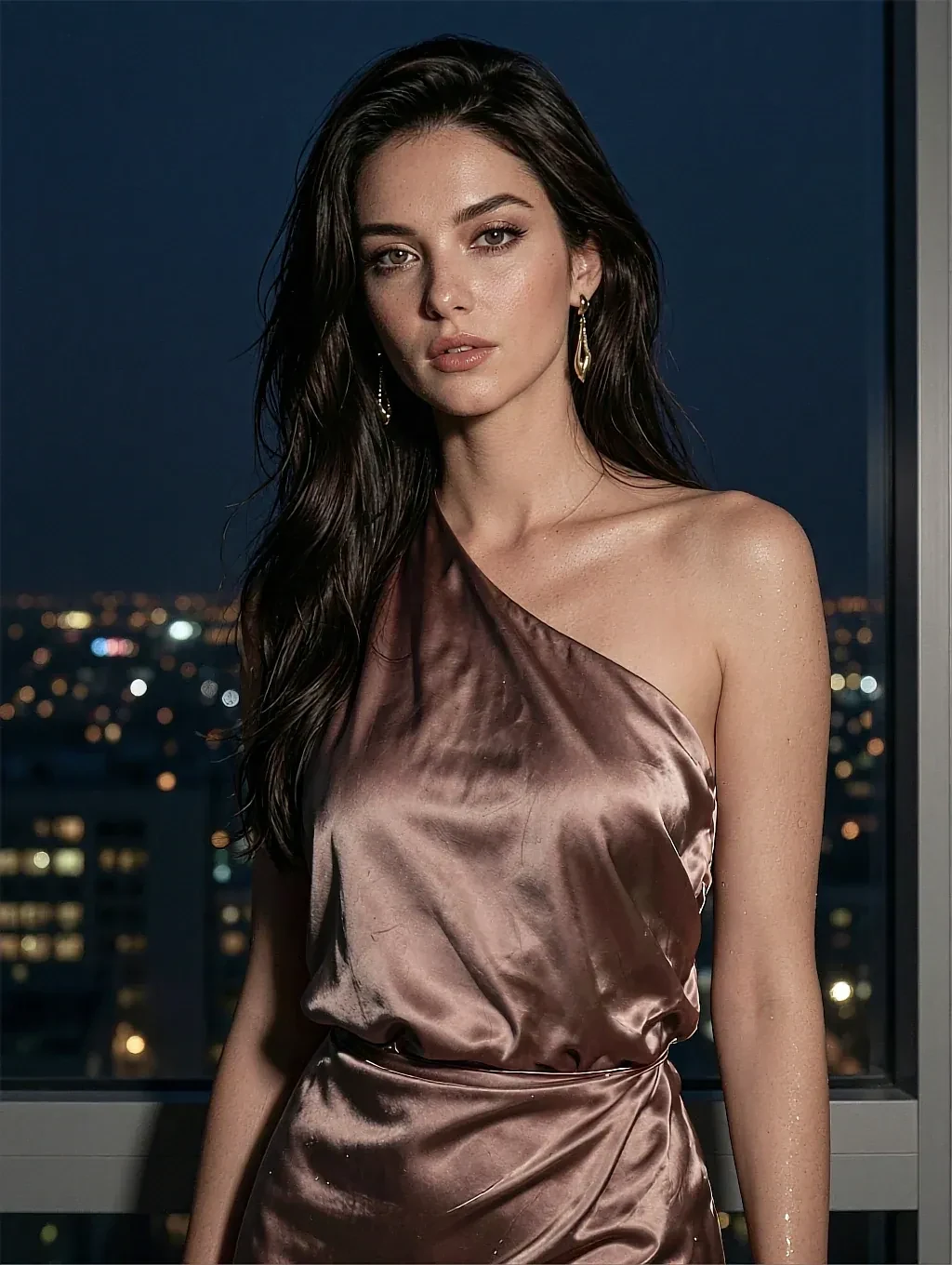 Dark-haired woman in rose-gold one-shoulder satin dress, gold earrings, night cityscape window